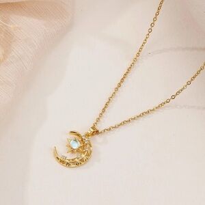 Gold Plated Stainless Steel Moon & Star Cresent Pendant Chain Necklace